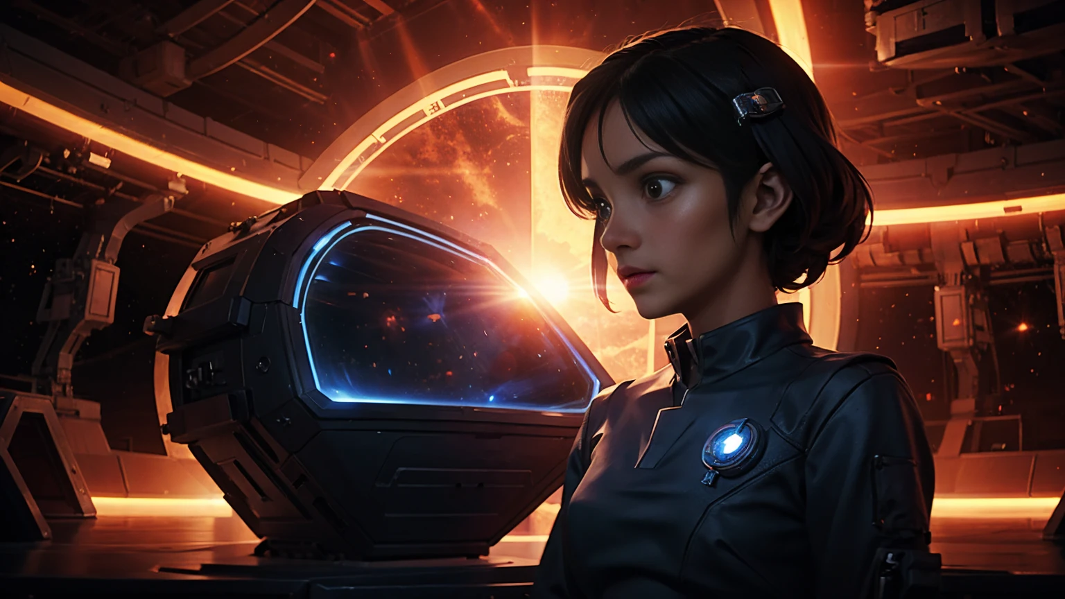 a teenager in a space capsule with a medallion around her neck, in the background a burning planet, ships flying in space, sci-fi styled
