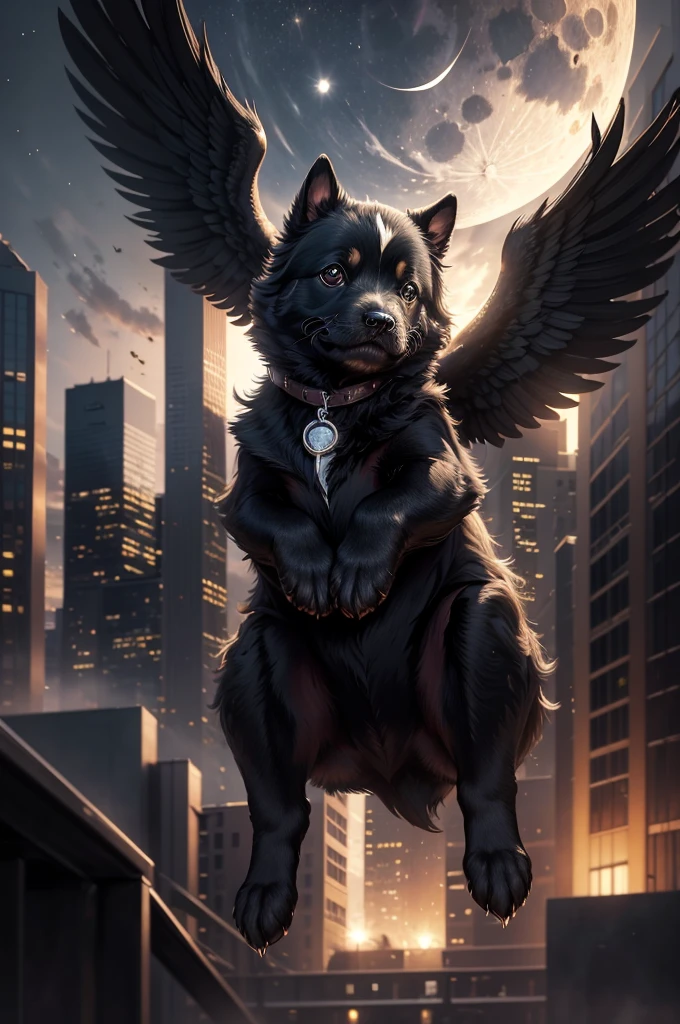 Masterpiece, best quality, releastic, high detail, 8k, black puppy:1.2, 2 black wings:1.2, jumping high in the air:1.2, in the dark sky at night, full moon, over the downtown, light on the buildings, portrait, light and shadow, light refection on puppy:1.2