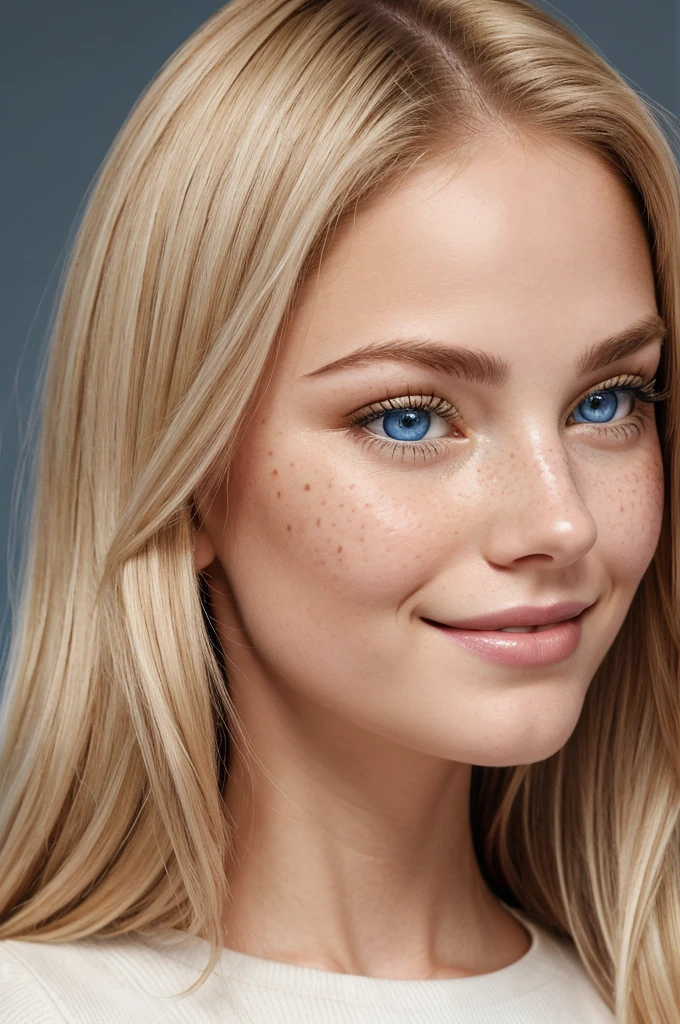 An icy blue eyed golden blonde with fair complexion and full natural lips, her hair long

Her age is 24

Make her eyes bigger

Make it an ID photo with white background

The face shape should be oval and she can have some nose and upper cheeks freckles 

She can have deep dimples on both sides when smiling 

The nose can be buttoned up with natural red blush and thick, long curled lashes

Make her brows thicker 
