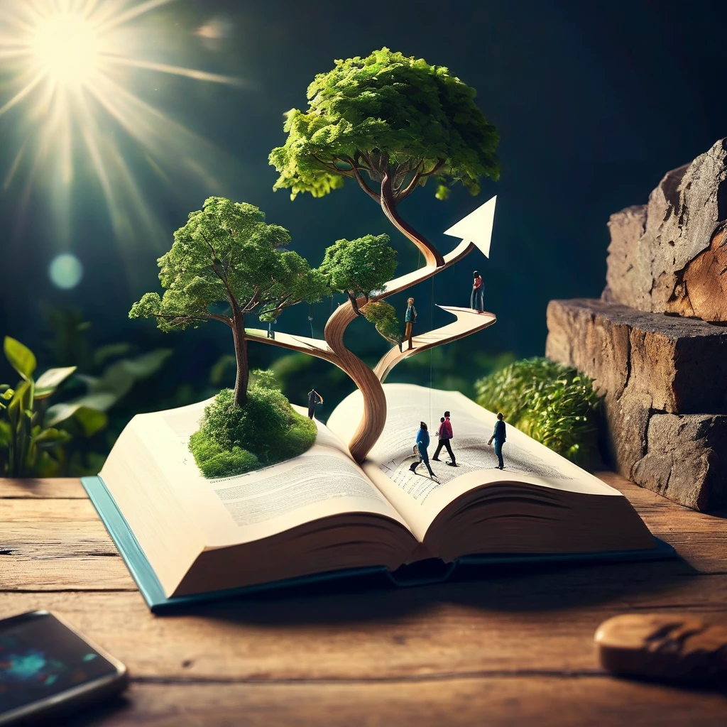 Create an image representing a group of people focused on personal development, social growth, and overcoming stagnation. The image should include the following elements:A Mountain or Staircase: Show someone climbing, symbolizing the effort and journey of growth.Group of People: Include a group of people smiling and interacting, representing socialization and mutual support.Path: Add a road or trail extending to the horizon, indicating a promising future and continuous progress.Growing Tree: Include a robust tree, symbolizing growth and personal development.Open Book: Show an open book, representing learning and self-discovery.Upward Arrows: Add graphics or icons of arrows pointing upwards, showing progress and advancement.The image should have an inspiring and motivational tone, with vibrant colors that convey energy and positivity.