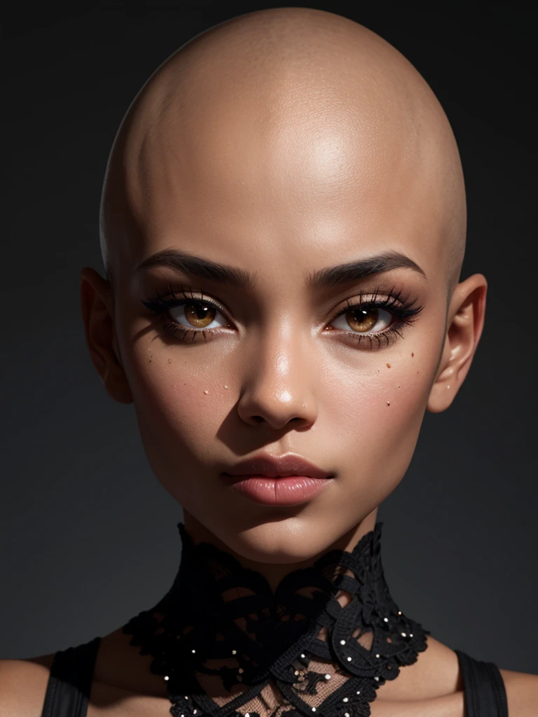beautiful woman, black, bald, face, close up, front, pinterest, instagram model, glow, makeup, UHD, retina, masterpiece, textured skin, super detail, high details, high quality, best quality, highres, HD, 4K, 8k, 16k