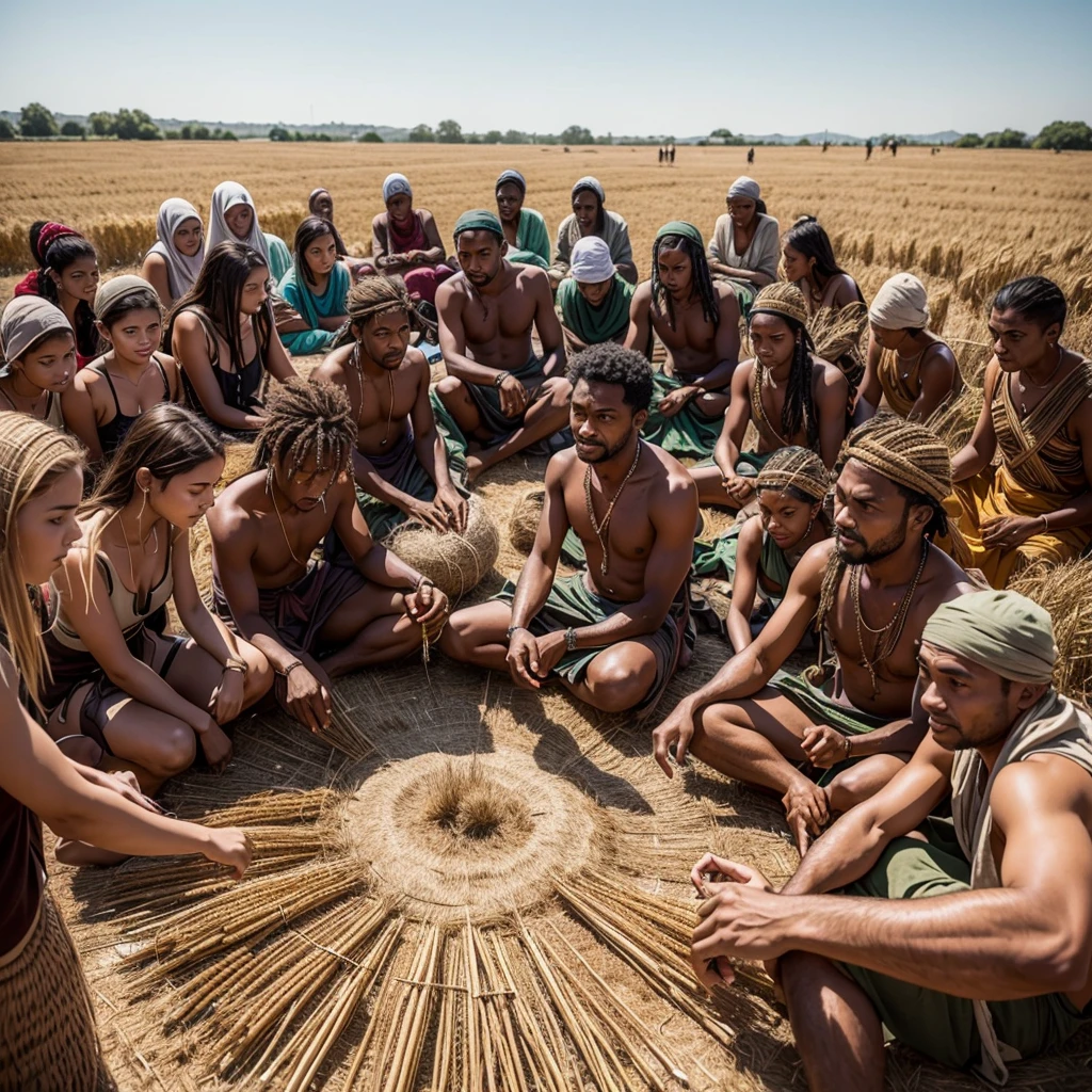 a man in a tribe in the 400s after Christ harvesting wheat,with people in the background also harvesting,the closest ones sitting 8 people in a circle as if they were talking