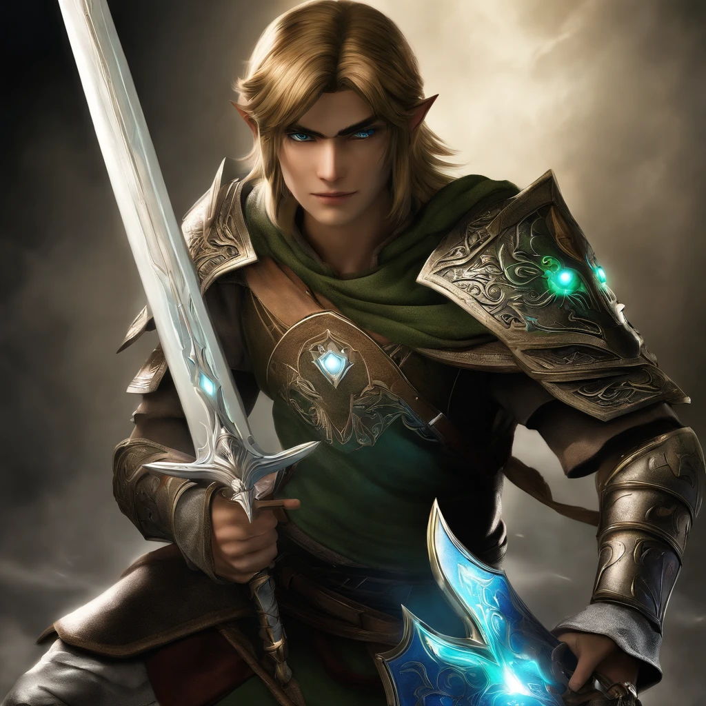 /imagine "Link from Twilight Princess wearing the Fierce Deity's Mask, with detailed armor and a mystical glowing sword, in a dark and realistic style"