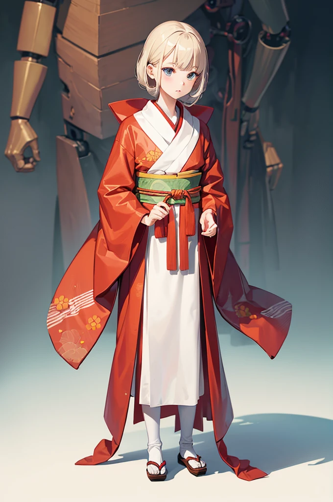 Wooden Humanoid Robot,Wood grain body,女に似せて作られた,wear the kimono,childall,Illustrated,((Hand out a towel)),zoom in