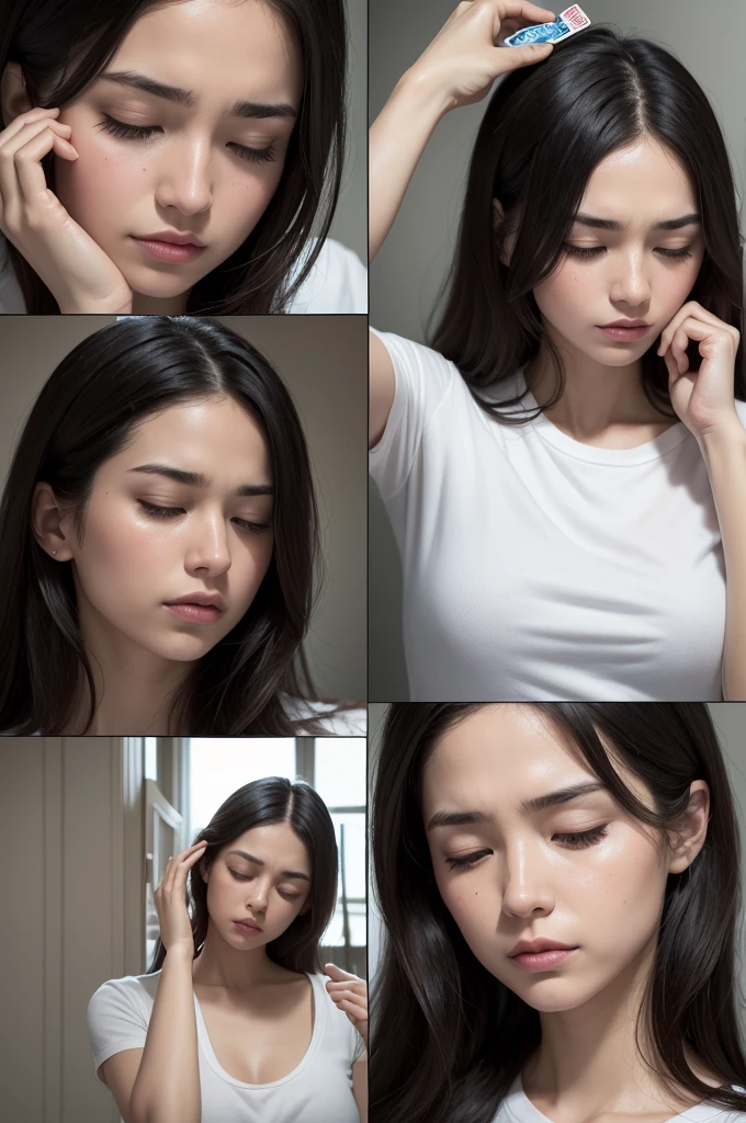 I want to create a comic strip with 3 images 1 a person with a headache 2 the same person playing a card from one to the blocking card and in the other hand she is taking a pill Then in the last strip she is fine with relief that the headache has gone