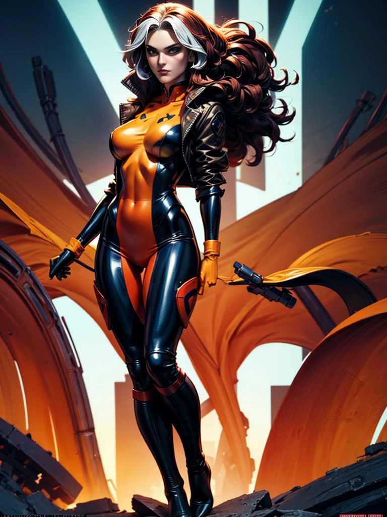 Anne Hathaway、masterpiece、High quality 4K、villain (X-Men)、Gothic Girl、Sculpted Body Gothic Makeup、Black jacket、Red and blue bodysuit、masterpiece、highest quality、Cowboy Shots、one personの女の子、one person、Technology Military Bodysuit、fringe