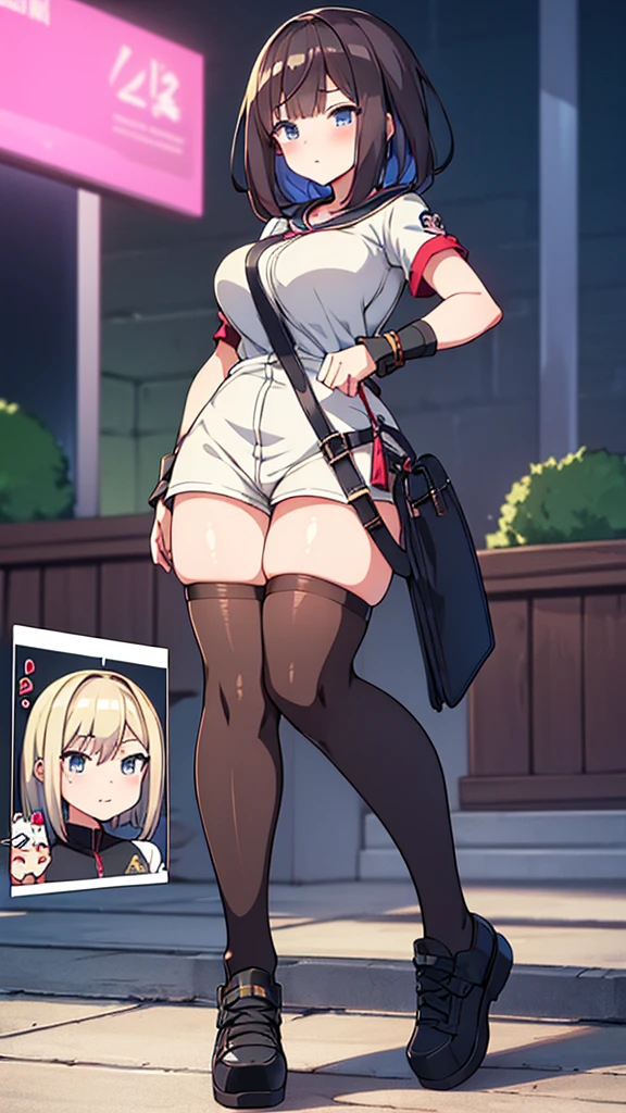 Full body image, front, One girl, 18-year-old, Mix 4, (32K, RAW Photos, Highest quality, masterpiece:1.2), (Anime-like, photoAnime-like:1.37), cute, カジュアルウェア, Short sleeve T-shirt,Shorts,Black knee socks, night, rain, Humidity, Professional Lighting, Photon Mapping, Radio City, Physically Based Rendering, Super Resolution, (Big Breasts:1.2), {{The biological weapon that had preyed on the younger sister took her place and reunited with the older brother, The rebellious little sister has become the obedient little sister}}, Girl Skull, whole body, NSFW