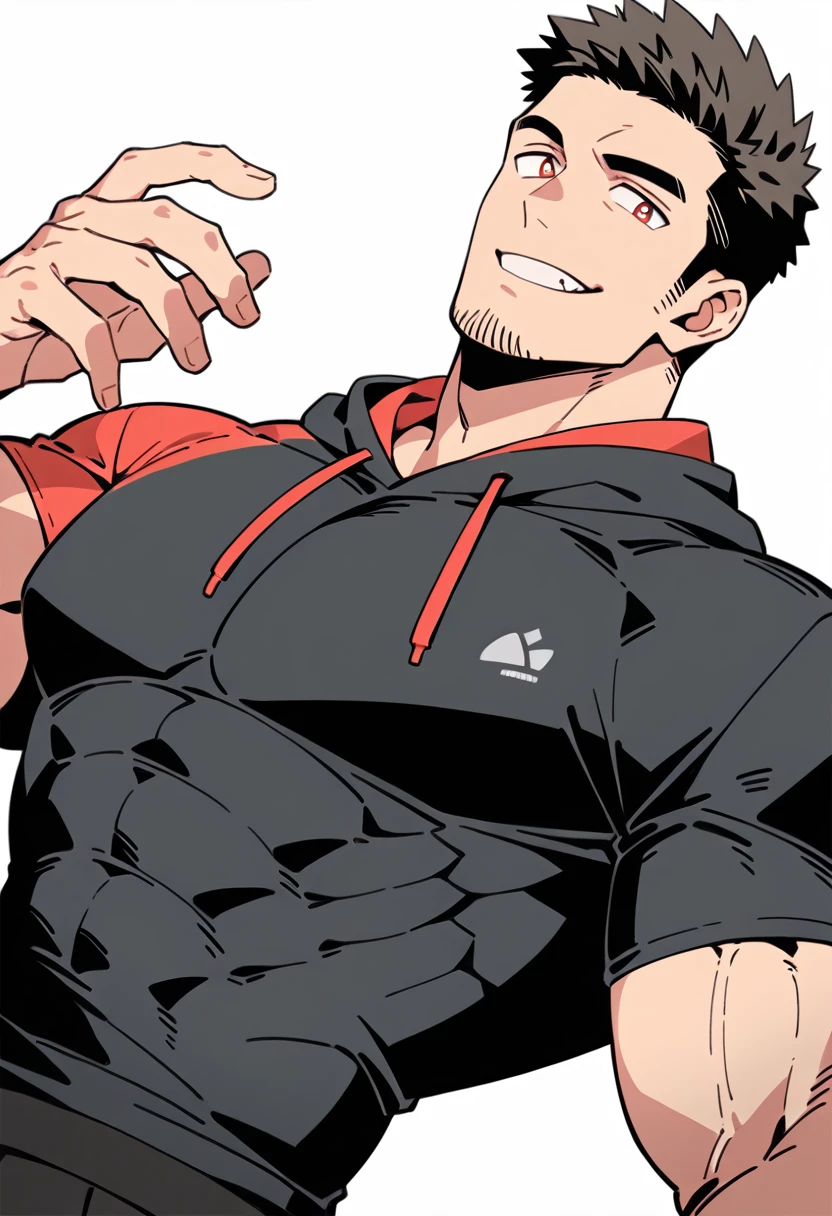 anime characters：Priapus, Black Black Skin Muscle Sports Student, Manliness, male focus, Sports tight hooded sweatshirt, Under Armour Brand, Wear a high-necked tights underneath, Very tight, Huge pectoral muscles, muscular male, muscular, Perfect muscular waist, only, Upper body, alone, Red short hair, Thick eyebrows, stubble, Brown-red pupils, White background, simple background, amazing quality, best aesthetics, Ridiculous, crew cut, smirk, bright pupils, grin, negative space, negative space, best quality