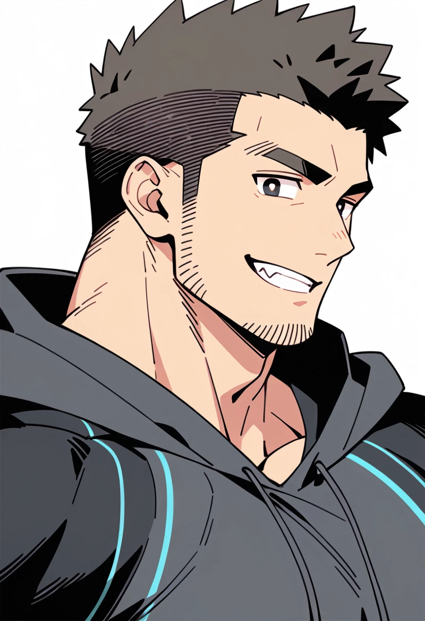 anime characters:Priapus, Black Black Skin Muscle Sports Student, Manliness, male focus, Sports tight hooded sweatshirt, Under Armour Brand, Wear a high-necked tights underneath, Very tight, Huge pectoral muscles, muscular male, muscular, Perfect muscular waist, only, Upper body, alone, Red short hair, Thick eyebrows, stubble, Brown-red pupils, White background, simple background, amazing quality, best aesthetics, Ridiculous, crew cut, smirk, bright pupils, grin, negative space, negative space, best quality