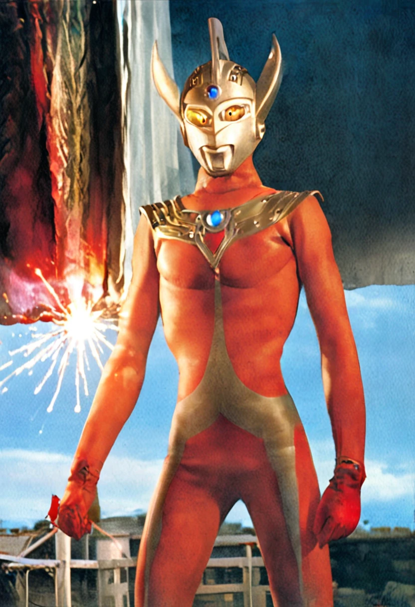 masterpiece, high quality,gay, male nude, NSFW, bdsm, photo realistic, 35mm films,A dark, futuristic laboratory. Ultraman Taro stands naked in the spotlight. His body is bare and tall, skinny with long limbs. flesh skin,human skin,naked body,nude,Only his pectoral muscles are prominent, while his waist and thighs are thin,penis is small,Cables are piercing his body, including his mouth and ears, and they are hanging down from the ceiling,eyes are blackened,"Help me...brother, help me..." he cries as he is unable to move. His body is hairy, he has many old wounds, and small dwarves are watching him from all around.