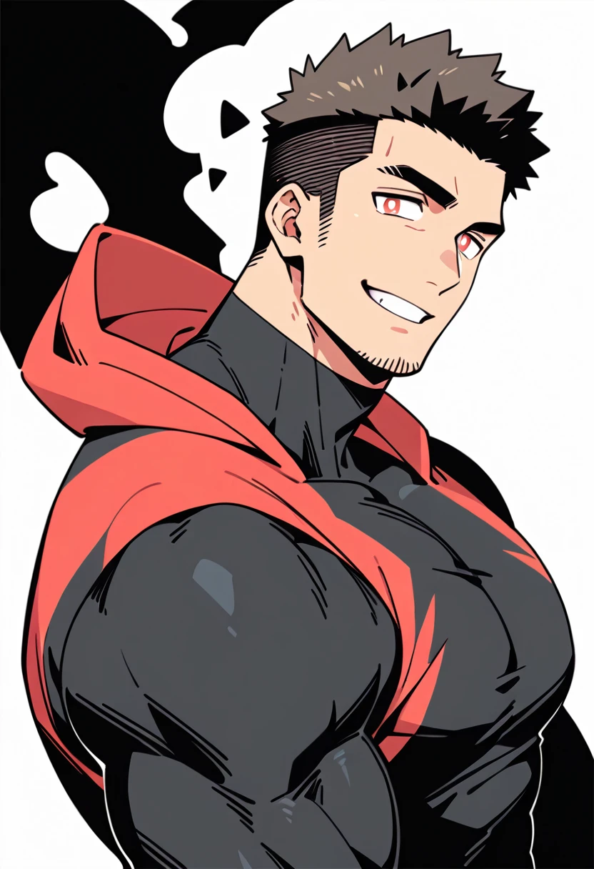 anime characters:Priapus, Black Black Skin Muscle Sports Student, Manliness, male focus, Sports tight hooded sweatshirt, Under Armour Brand, Wear a high-necked tights underneath, Very tight, Huge pectoral muscles, muscular male, muscular, Perfect muscular waist, only, Upper body, alone, Red short hair, Thick eyebrows, stubble, Brown-red pupils, White background, simple background, amazing quality, best aesthetics, Ridiculous, crew cut, smirk, bright pupils, grin, negative space, negative space, best quality
