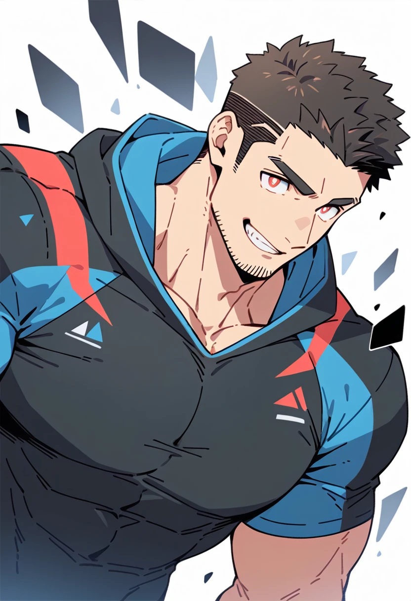 anime characters：Priapus, Black Black Skin Muscle Sports Student, Manliness, male focus, Sports tight hooded sweatshirt, Under Armour Brand, Wear a high-necked tights underneath, Very tight, Huge pectoral muscles, muscular male, muscular, Perfect muscular waist, only, Upper body, alone, Red short hair, Thick eyebrows, stubble, Brown-red pupils, White background, simple background, amazing quality, best aesthetics, Ridiculous, crew cut, smirk, bright pupils, grin, negative space, negative space, best quality