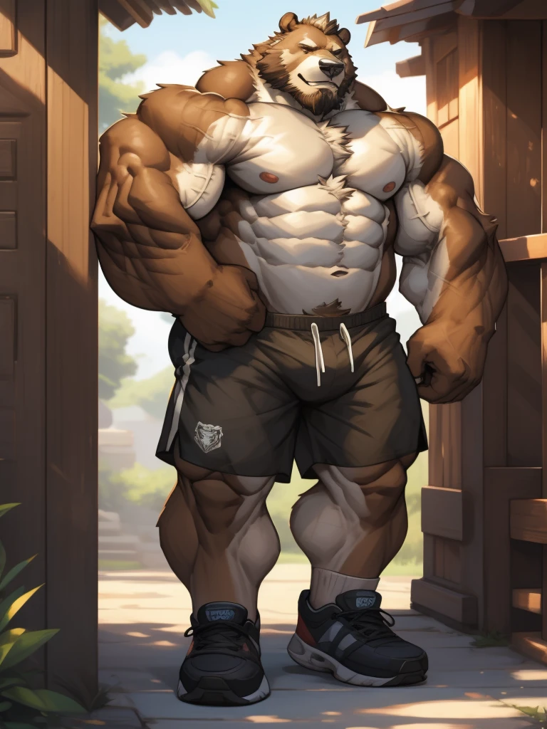 a potrait, full body, semirelistic:1.2, masterpiece, detailed face, muscular old grizzly bear in front gym, old bear, thick arm, huge arm, huge brown fur, bearded. Grey hair and beard, bearded grey, muscular, huge pectoral, wide pectoral, realistic, 8k, masterpiece, (wearing shorts, shirtless and topless:1.3, white shoes), smile