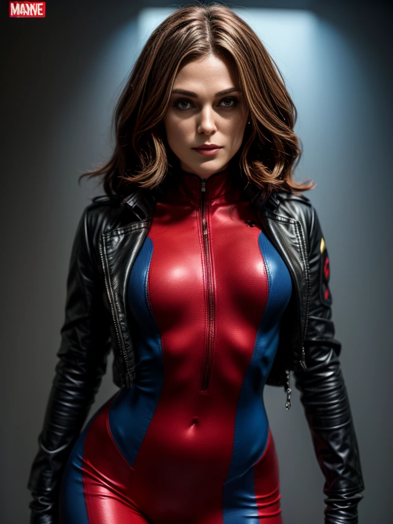 Keira Knightley、masterpiece、High quality 4K、villain (X-Men)、Gothic Girl、Sculpted Body Gothic Makeup、Black jacket、Red and blue bodysuit、masterpiece、Highest quality、Cowboy Shots、One personの女の子、One person、Technology Military Bodysuit、fringe