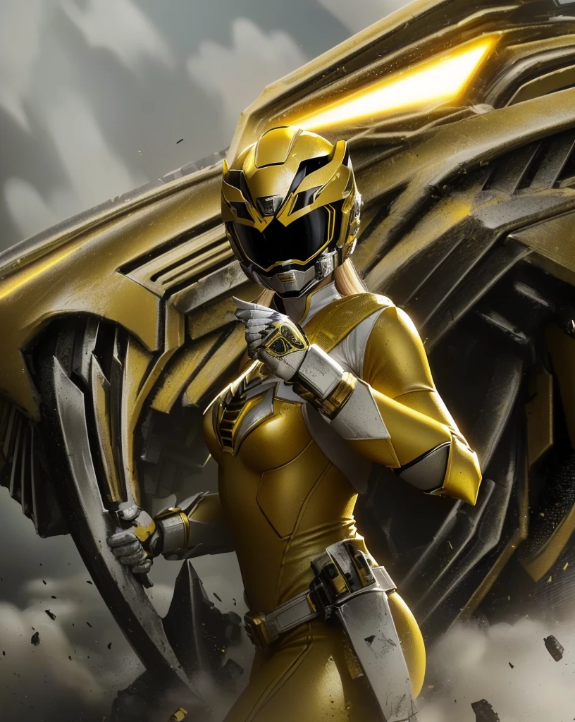 a close up of a woman in a yellow and white costume holding a helmet, yellow power ranger, power ranger, the secret seventh power ranger, wearing yellow armor and helmet, , tokusatsu, green armor, power rangers film, power rangers, metallic yellow armor, profile picture, photo shoot, photo from a promo shoot, yellow head,sabertooth face power ranger helmet with scale texture of a tiger , yellow in color, with gold accents, black accents, red jewel intricate detail, highly detailed, volumetric lighting, 4k rendering, stock photo, ultra-realistic, realistic textures, dramatic lighting, depth of field, film, (very wide angle: 1.3), dark light, wide angle INa close up of a woman in a yellow costume holding a sword,yellowpower ranger, the secret seventh power ranger, power ranger, power rangers film, tokusatsu, wearing green battle armor, wearing green armor and helmet, yellow armor, metallic yellow armor, yellow ranger, kamen rider character, kamen rider, power rangers, the doomslayer mysterio