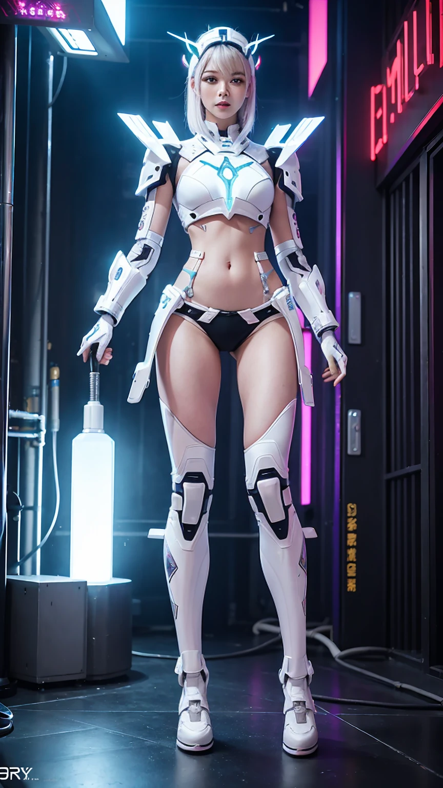 ((Full body photo, standing, feet on the ground)) quality、tmasterpiece、Ultra-high resolution、(Reality:1.4)、Center,RAW photos、white mecha、White porcelain body、Acrylic transparent cover、White hair、Skin glows、1 robot girl、((Ultra-realistic details))、Abortion、globalillumination、cellshading、Octagon rendering、8k、Super sharp、Character edge light,Original leather、Intricate decorative details、Aztec details、Hydraulic cylinder、Small LED light、highly intricate detail、True ray tracing、a purple eye、Radiant in front of the camera、neon light detail、Futuristic headgear、About cyberpunk、、
