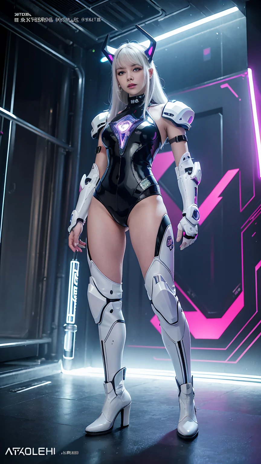 ((Full body photo, standing, feet on the ground)) quality、tmasterpiece、Ultra-high resolution、(Reality:1.4)、Center，RAW photos、white mecha、White porcelain body、Acrylic transparent cover、White hair、Skin glows、1 robot girl、((Ultra-realistic details))、Abortion、globalillumination、cellshading、Octagon rendering、8k、Super sharp、Character edge light，Original leather、Intricate decorative details、Aztec details、Hydraulic cylinder、Small LED light、highly intricate detail、True ray tracing、a purple eye、Radiant in front of the camera、neon light detail、Futuristic headgear、About cyberpunk、、