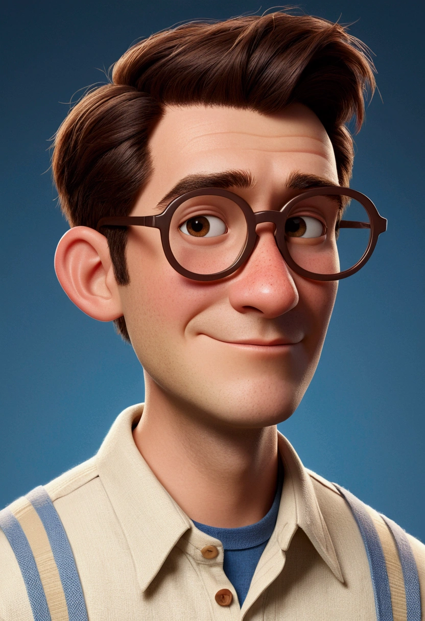 Make a Pixar Character, HOME, offwhite, coulos, VERY SHORT AND BROWN HAIR, HALF SHAVED ON THE SIDES, AND RECTANGULAR GLASSES, ORELLHUDO