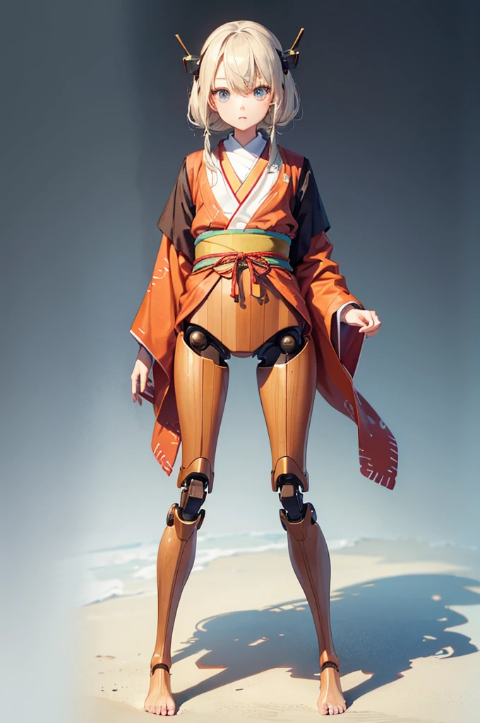 Wooden Humanoid Robot,Wood grain body,child女に似せて作られた,wear the kimono,child,児,Small,Illustrated,((Hand out a towel)),zoom in