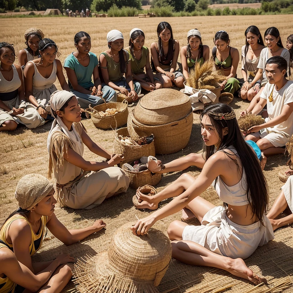 a man in a tribe in the 400s after Christ harvesting wheat,with people in the background also harvesting,the closest ones sitting 8 people in a circle as if they were talking