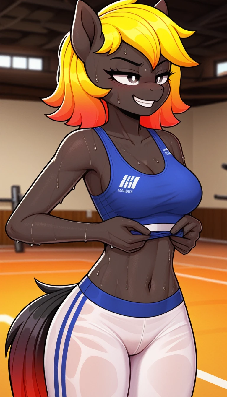 Expression excited, 1girl, Anthro, Furry, Fur, fluffy Fur, Luminous girl, yellow hair (Highlights in red), Black Solid, White eyes, Pony tail hair, Untidy hair, (19 years), Medium breast, Thick thighs, Single, (sports club), Hinge, smug grin, White sports top, White sports pants, (Sweating), arms higher (Arms extended), (Wet clothes), See-through clothes, a result_9, a result_8_higher, a result_7_higher, a result_6_higher, a result_5_higher, a result_4_higher عرية تمرس الجنس الأعضاء التناسلية مرئية