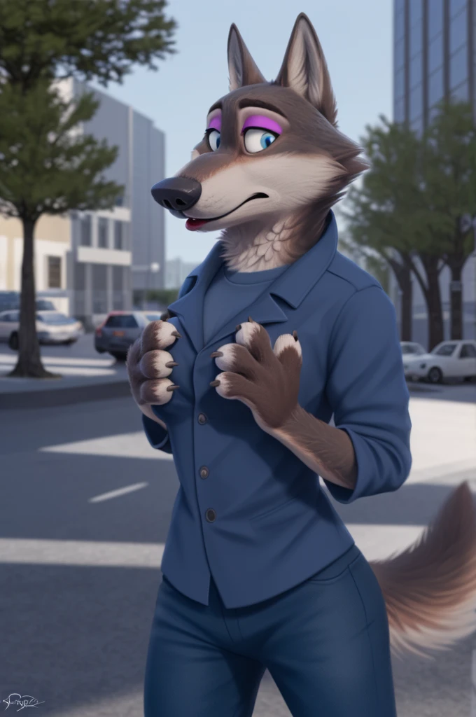 Emilia (Zootopia), wolf, Gray Fur, (brown body:1.3), Blue eyes, Zootopia, makeup,lipstick, dressed,blue blue jacket,shirt,blue pants,pink heel sandals,  female breast,canine, Wolf, Detailed fur, Female, antro, paw pads, finger claws, At the viewer, 5 fingers, paws, 5 fingers,goes to a women&#39;s shoe store and chooses heels,mood,open mouth, flash cameras, loving husband,two children,close to the camera,holding high heel sandals, 
BREAK from nextel, for dating, by xenoforge, (difficult, high detail, film photography, soft focus, RAW, fluororealism, realistic, photorealistic, digital style, Subsurface scattering,in a women&#39;s shoe store, it's sitting, 
masterpiece, Best quality, ultra realistic, 8 k)
