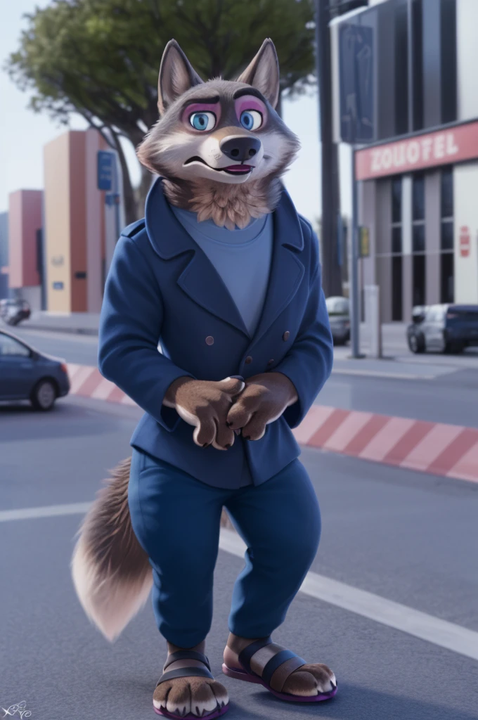 Emilia (Zootopia), wolf, Gray Fur, (brown body:1.3), Blue eyes, Zootopia, makeup,lipstick, dressed,blue blue jacket,shirt,blue pants,pink heel sandals,  female breast,canine, Wolf, Detailed fur, Female, antro, paw pads, finger claws, At the viewer, 5 fingers, paws, 5 fingers,goes to a women&#39;s shoe store and chooses heels,mood,open mouth, flash cameras, loving husband,two children,close to the camera,holding high heel sandals, 
BREAK from nextel, for dating, by xenoforge, (difficult, high detail, film photography, soft focus, RAW, fluororealism, realistic, photorealistic, digital style, Subsurface scattering,in a women&#39;s shoe store, it's sitting, 
masterpiece, Best quality, ultra realistic, 8 k)
