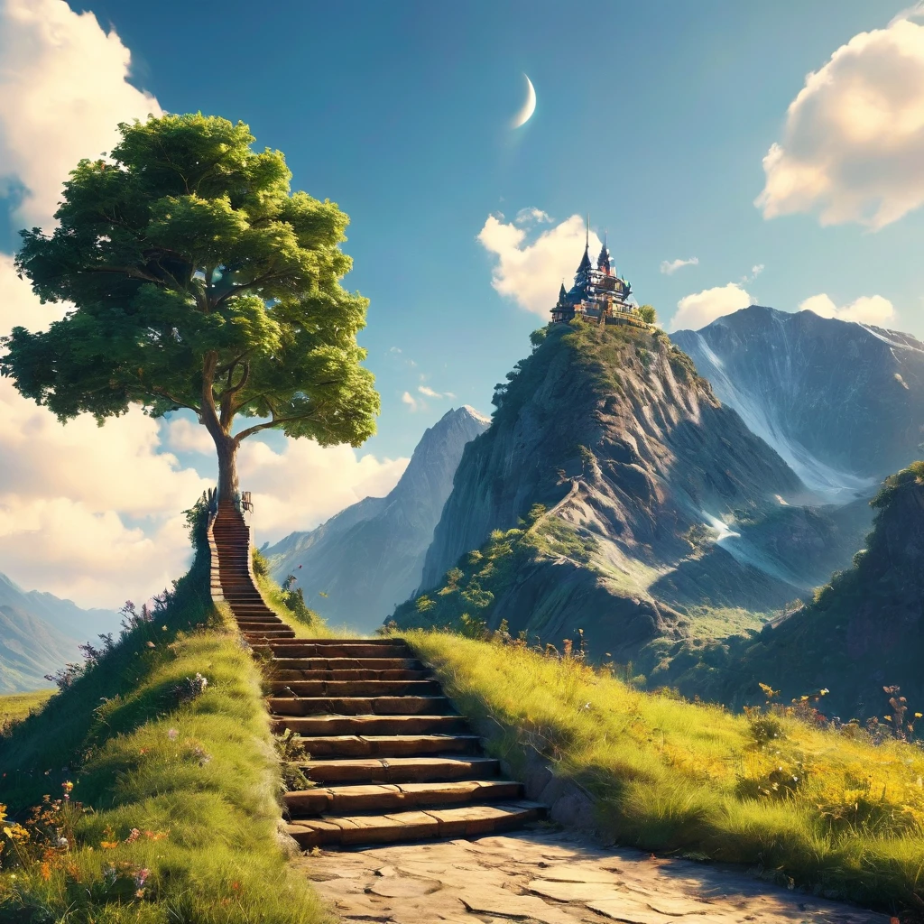Create an image representing a group of people focused on personal development, social growth, and overcoming stagnation. The image should include the following elements:A Mountain or Staircase: Show someone climbing, symbolizing the effort and journey of growth.Group of People: Include a group of people smiling and interacting, representing socialization and mutual support.Path: Add a road or trail extending to the horizon, indicating a promising future and continuous progress.Growing Tree: Include a robust tree, symbolizing growth and personal development.Open Book: Show an open book, representing learning and self-discovery.Upward Arrows: Add graphics or icons of arrows pointing upwards, showing progress and advancement.The image should have an inspiring and motivational tone, with vibrant colors that convey energy and positivity.
