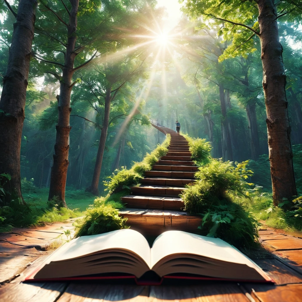 Create an image representing a group of people focused on personal development, social growth, and overcoming stagnation. The image should include the following elements:A Mountain or Staircase: Show someone climbing, symbolizing the effort and journey of growth.Group of People: Include a group of people smiling and interacting, representing socialization and mutual support.Path: Add a road or trail extending to the horizon, indicating a promising future and continuous progress.Growing Tree: Include a robust tree, symbolizing growth and personal development.Open Book: Show an open book, representing learning and self-discovery.Upward Arrows: Add graphics or icons of arrows pointing upwards, showing progress and advancement.The image should have an inspiring and motivational tone, with vibrant colors that convey energy and positivity.