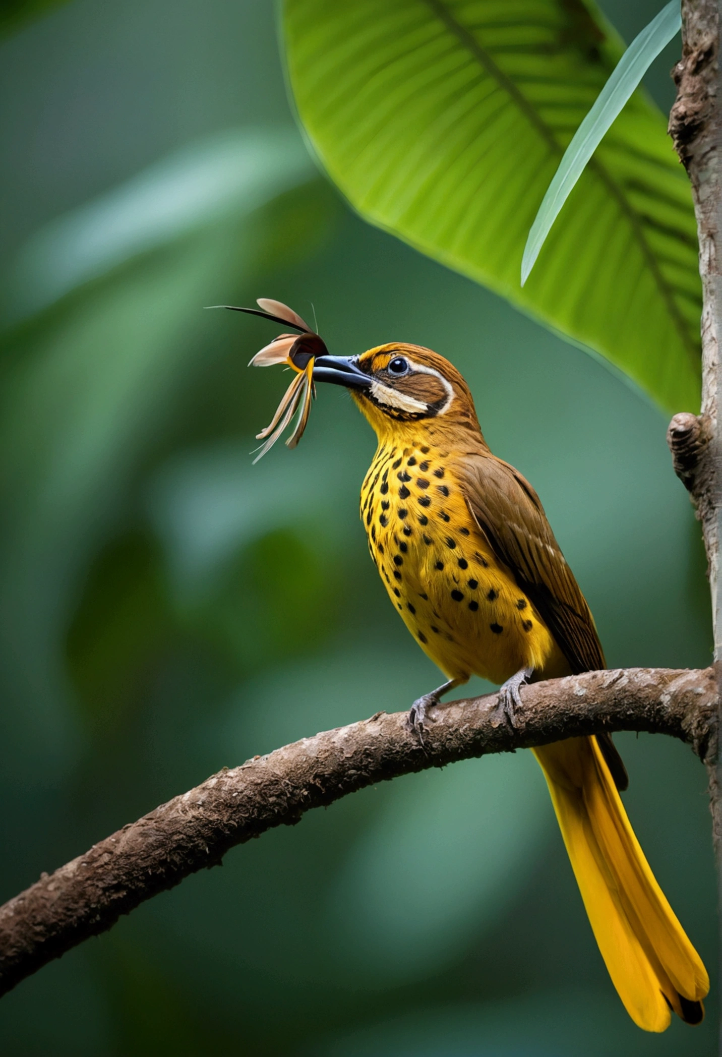 A captivating jungle scene shows a colorfully spotted, rare and mischievous yellow-brown bird perched on a curly branch, its long, elegant tail adorned with intricate horn-shaped structures and its feathers are striped. The bird, with its beautiful and graceful behavior, exudes an air of elegance and mystery. This high-quality nature photograph, expertly captured by Sudip Roy using a Canon EOS R6, offers a stunning display of the bird's unique beauty and the lush, vibrant jungle environment