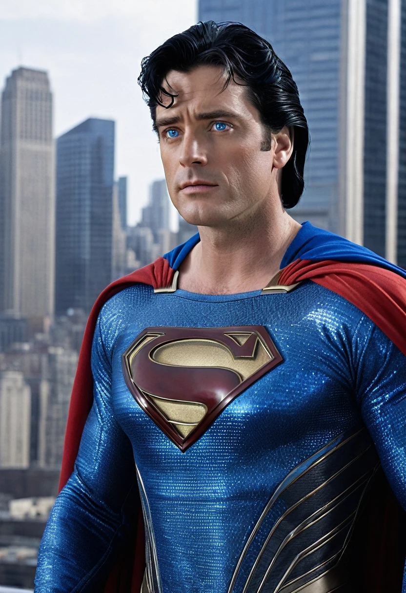 Superman, aged 33, black hair hairstyle, ultra realistic skin, fabric clothing, igual films Richard Donner, blue colored eyes, looking at the Sky of Metropolis 