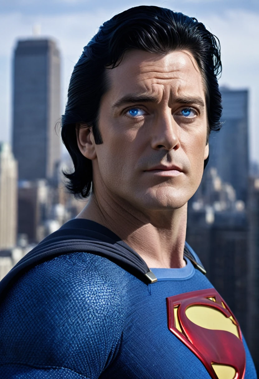 Superman, aged 33, black hair hairstyle, ultra realistic skin, fabric clothing, igual films Richard Donner, blue colored eyes, looking at the Sky of Metropolis