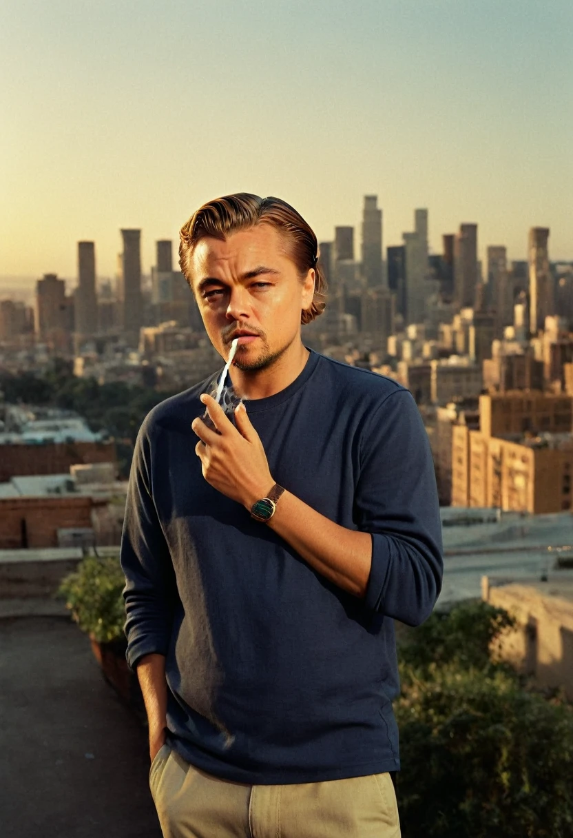 Medium format analog photography, (Leonardo DiCaprio casually smoking a joint:1.3), Frontal composition, Relaxed pose, Graphic t-shirt reading "Got Spliff?":1.3, Light stubble, Slightly tousled hair, (Urban backdrop:1.2), Distant city skyline, Warm soft lighting, Captured with a Contax 645, 80mm f/2 lens, Natural shadows, Intimate atmosphere, Detailed textures.