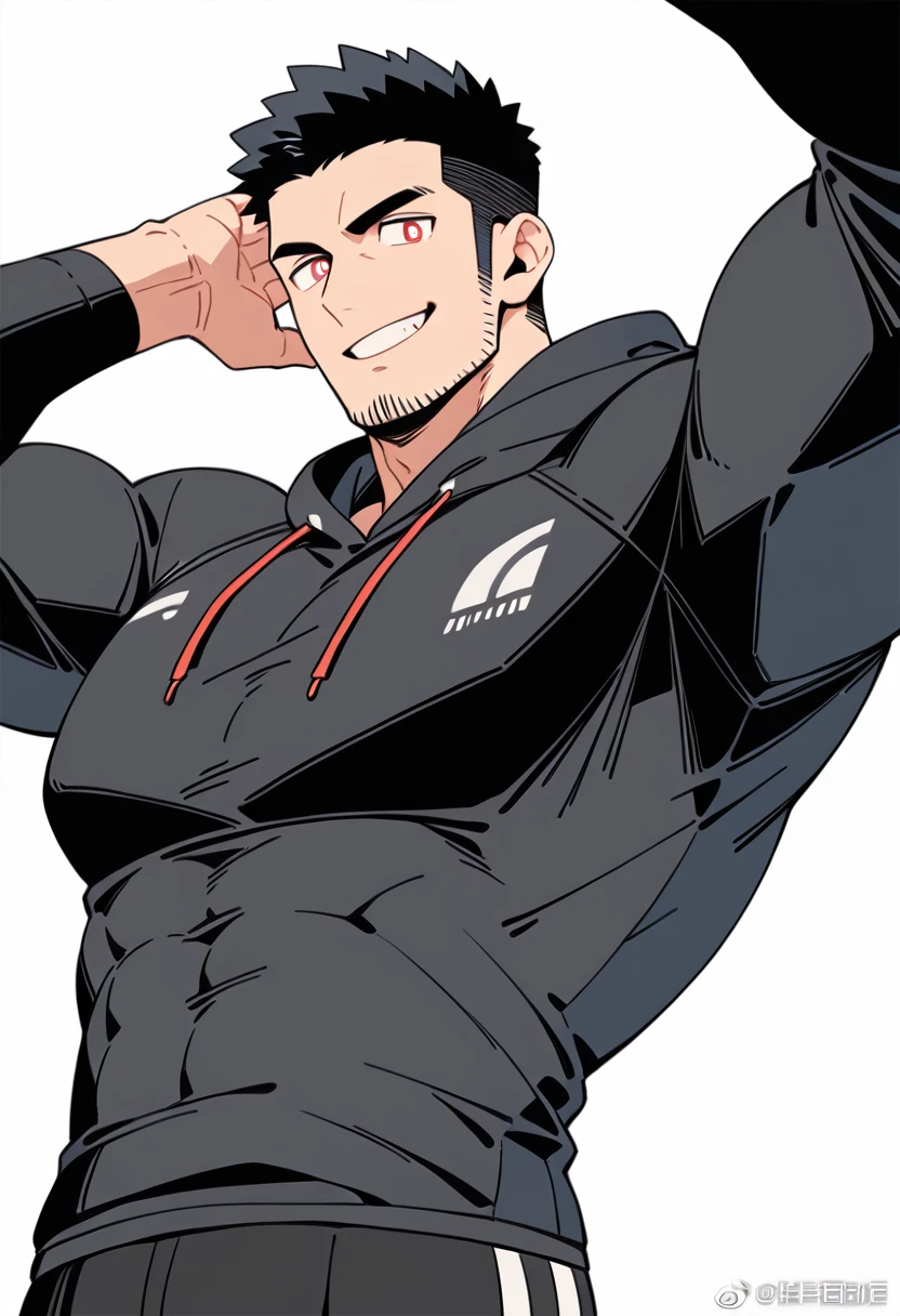 anime characters：Priapus, Black Black Skin Muscle Sports Student, Manliness, male focus, Sports tight hooded sweatshirt, Under Armour Brand, Wear a high-necked tights underneath, Very tight, Huge pectoral muscles, muscular male, muscular, Perfect muscular waist, only, Upper body, alone, Red short hair, Thick eyebrows, stubble, Brown-red pupils, White background, simple background, amazing quality, best aesthetics, Ridiculous, crew cut, smirk, bright pupils, grin, negative space, negative space, best quality