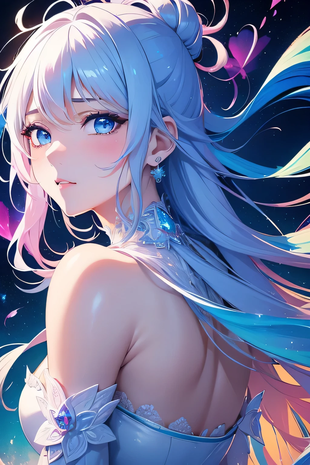 Highest quality, 32K, RAW Photos, Incredibly absurd, Very detailed, Delicate texture, Bust-up of a beautiful woman looking back with a sad expression, Colorful light particles exploding in the mist, Fantastic and mysterious, Rainbow pastel colors, kaleidoscope, Wind