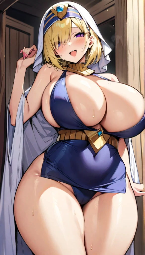 ((Best Quality)), ((Masterpiece)), (detailed), 1 girl, Pastel yellow hair, wide, hair covers one eye, purple eyes, big breasts, big thighs, I expressed smiling, Open mouth, blush, pharaoh costumes, at home