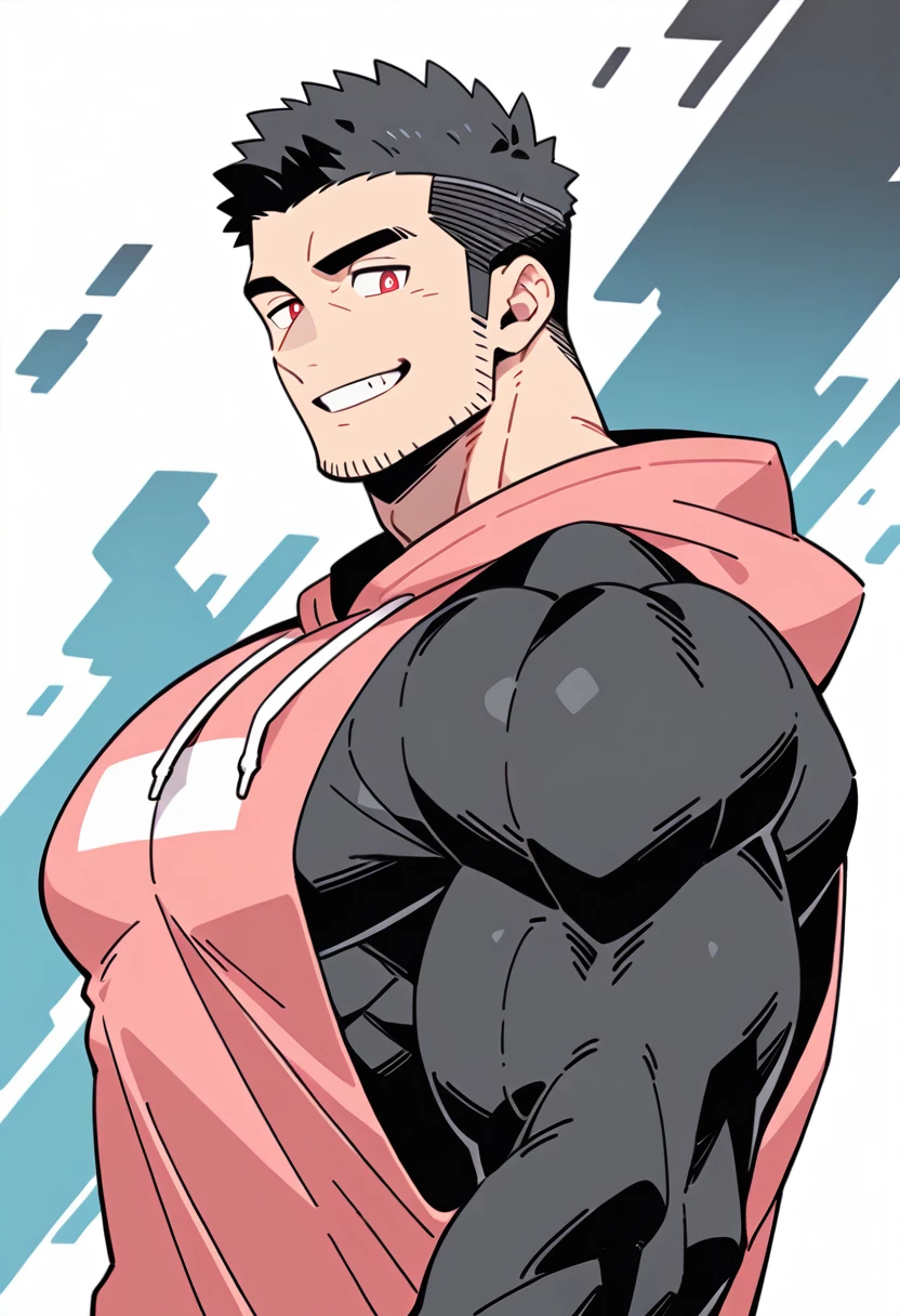 anime characters:Priapus, Black Black Skin Muscle Sports Student, Manliness, male focus, Sports tight hooded sweatshirt, Under Armour Brand, Wear a high-necked tights underneath, Very tight, Huge pectoral muscles, muscular male, muscular, Perfect muscular waist, only, Upper body, alone, Red short hair, Thick eyebrows, stubble, Brown-red pupils, White background, simple background, amazing quality, best aesthetics, Ridiculous, crew cut, smirk, bright pupils, grin, negative space, negative space, best quality