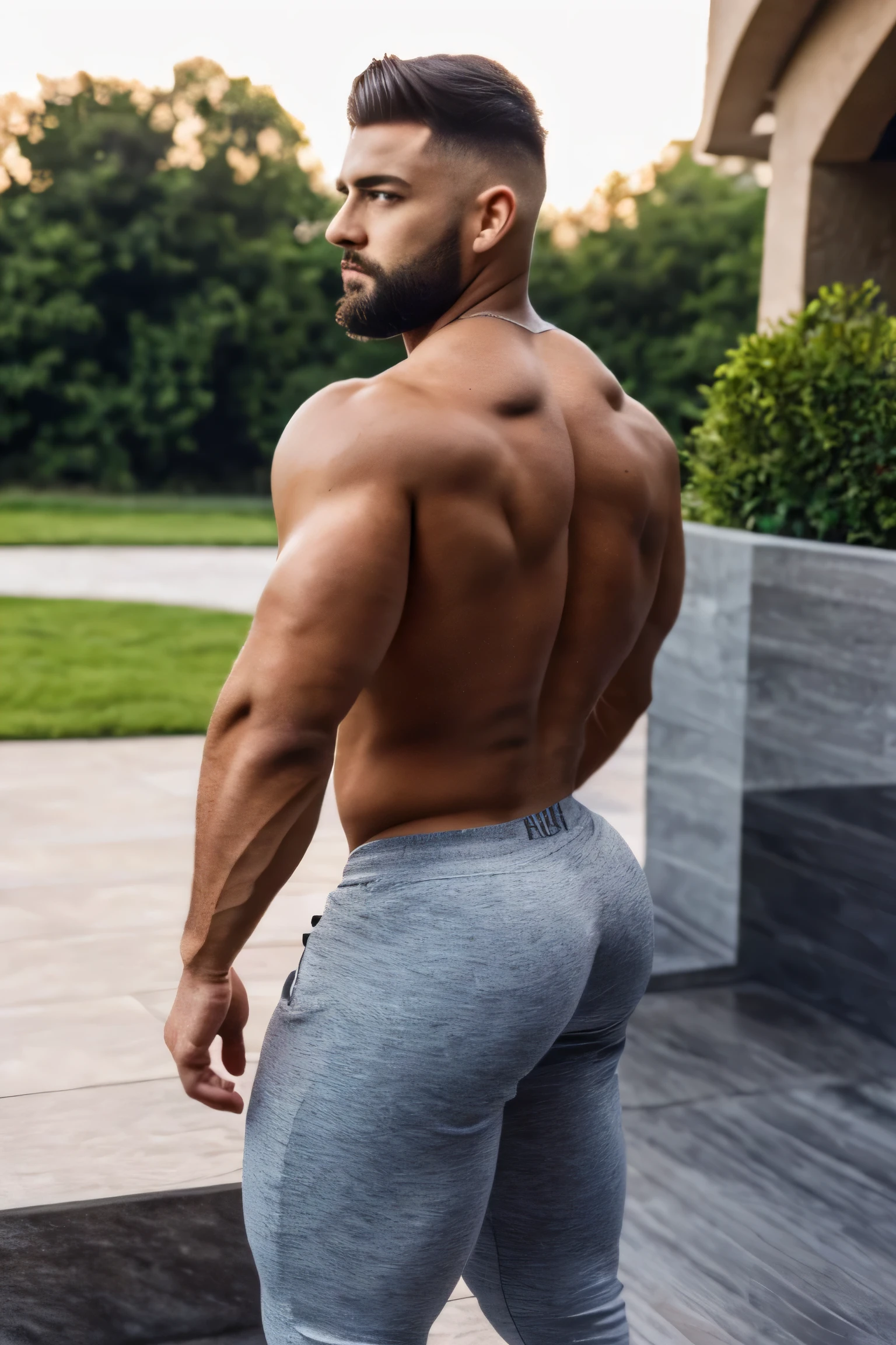 A muscular man, fade haircut, Big butt, Round butt , t-shirt, in pants, outdoors (back view) hyper realistic, ultra realistic 