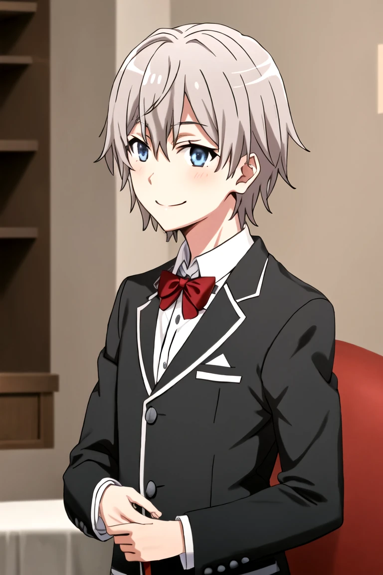 totsuka_saika_yahariorenoseishunlovecomewamachigatteiru
grey_hair, short_hair, male_focus, blue_eyes, smile, conejita Playboy, traje de Playboy, medias de red, pecho plano 