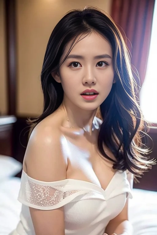, (Mature body), Solitary,Long gray hair,black hair color, Off-shoulder, black eyes,1 Sister,A sexy pose,best quality,masterpiece,light,Extremely exquisite and beautiful,CG,Unite,8k wallpaper,Astonishing,detailed,masterpiece,Official Art,The content is very detailed Cg Unite 8k wallpaper,Extremely ridiculous,Huge file size,ultra - detailed,high resolution,The content is very detailed,Beautiful and delicate girl,Practical,full,Hotel Room,Light Contrast, Lopez, fully body photo, full, White under underwear
