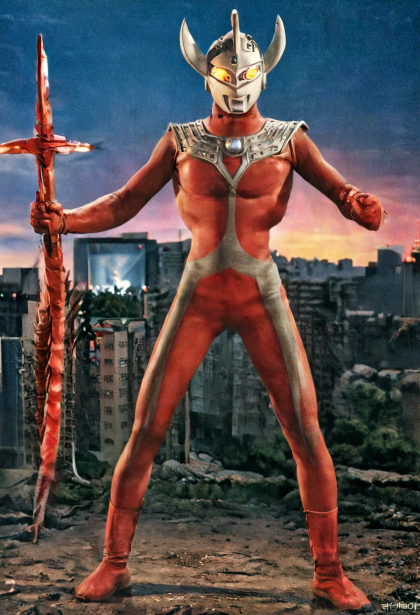 Ultraman Taro、Tokyo cityscape、Midnight、neon、A giant as tall as a building、Fighting Pose、slim、Muscular、Long limbs、Weapon、Gorgeous Body、Incitement、4K、Photorealistic、Portrait、male focus