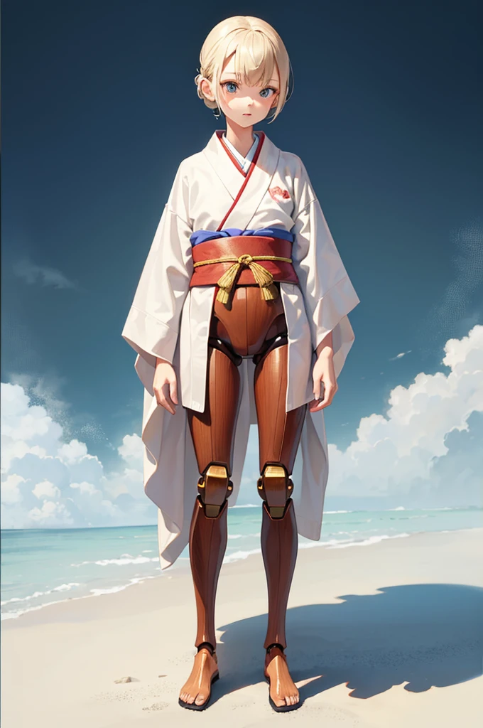 Wooden Humanoid Robot,Wood grain body,child女に似せて作られた,wear the kimono,child,児,Small,Illustrated,((Hand out a towel)),zoom in