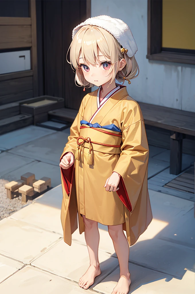 Wooden Humanoid Robot,Wood grain body,child女に似せて作られた,wear the kimono,child,児,Small,Illustrated,((Hand out a towel)),zoom in