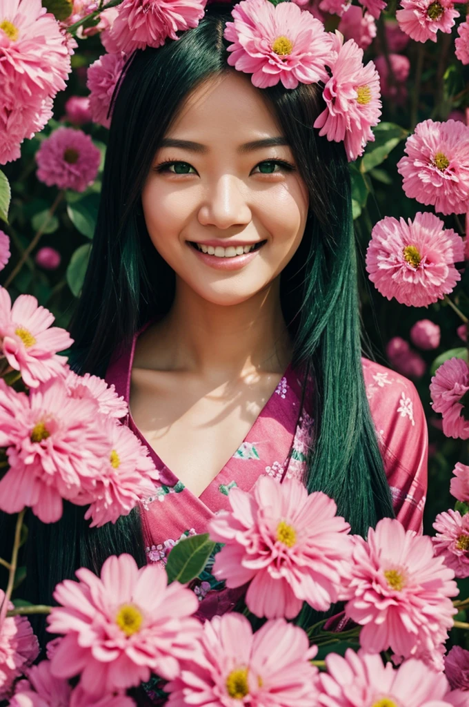 women,by the clear sky,smiling,Demon Hunter,pink haori with flowers, green xolor eyes