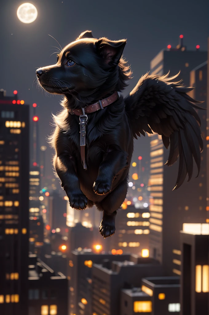 Masterpiece, best quality, releastic, high detail, 8k, black puppy:1.2, 2 black wings:1.2, jumping high in the air:1.2, in the dark sky at night, full moon, over the downtown, light on the buildings, portrait, light and shadow, light refection on puppy:1.2