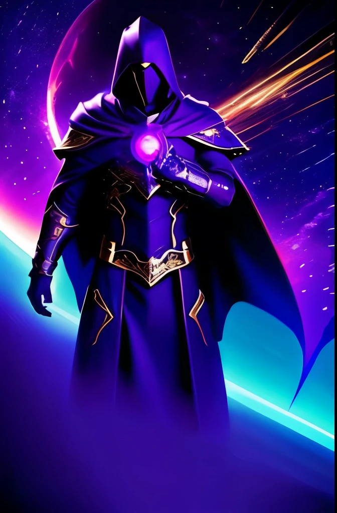 Male purple caped paladin of the void (with outer space in the background) 