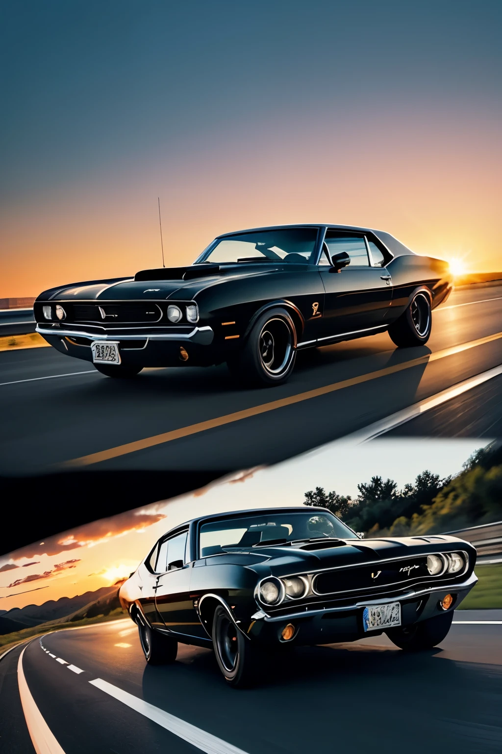 a retro illustration of a classic black 67s muscle car cursing down the highway at sunrise use bold and beautiful colours