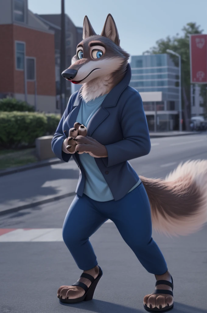 Emilia (Zootopia), wolf, Gray Fur, (brown body:1.3), Blue eyes, Zootopia, makeup,lipstick, dressed,blue blue jacket,shirt,blue pants,pink,, platform heel sandals, female breast,canine, Wolf, Detailed fur, Female, antro, paw pads, finger claws, At the viewer, 5 fingers, paws, 5 fingers,goes to a women's shoe store and chooses heels,mood,open mouth, flash cameras, loving husband,two children,close to the camera,holding high heel sandals,
BREAK from nextel, for dating, by xenoforge, (difficult, high detail, film photography, soft focus, RAW, fluororealism, realistic, photorealistic, digital style, Subsurface scattering,in a women's shoe store, it's sitting,
masterpiece, Best quality, ultra realistic, 8 k)