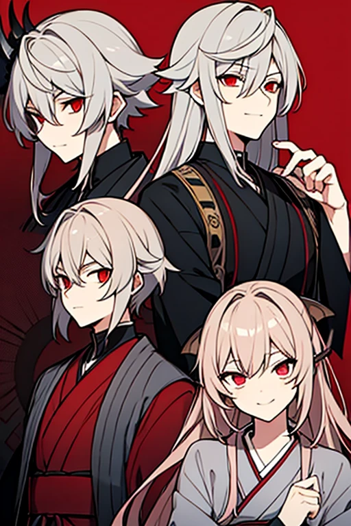 a demon slayer character, male, red eyes, dark blonde hair, grey kimono