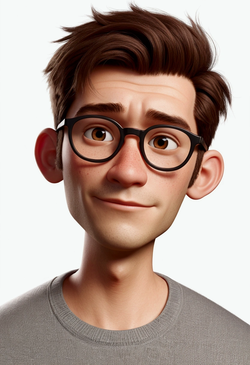 Make a Pixar Character, HOME, offwhite, coulos, SHAVED AND BROWN HAIR, HALF SHAVED ON THE SIDES, AND RECTANGULAR GLASSES, orelhudo, him ;IS NICE